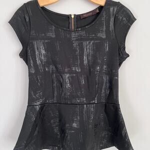 The Limited black patterned shiny black peplum top, size small